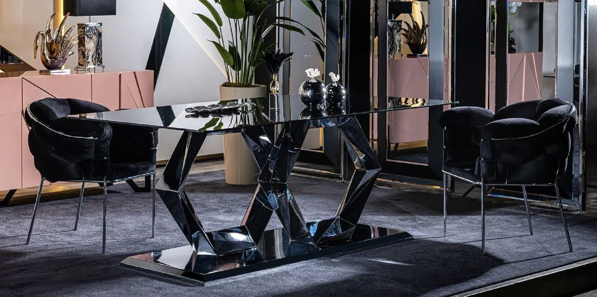 Luxus Designer Esszimmer Möbel Set Schwarz / Silber - 1 Luxus Esstisch mit Glasplatte & 6 Luxus Esszimmerstühle - Esszimmer Möbel - Luxus Möbel - Luxus Esszimmer Einrichtung