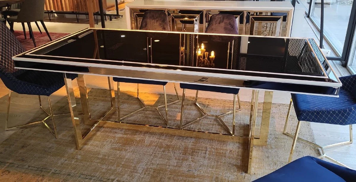 Luxus Esstisch Weiß / Gold 208 x 101 x H. 80 cm - Rechteckiger Küchentisch mit Glasplatte - Esszimmer Möbel - Küchen Möbel - Luxus Möbel - Luxus Einrichtung - Möbel Luxus