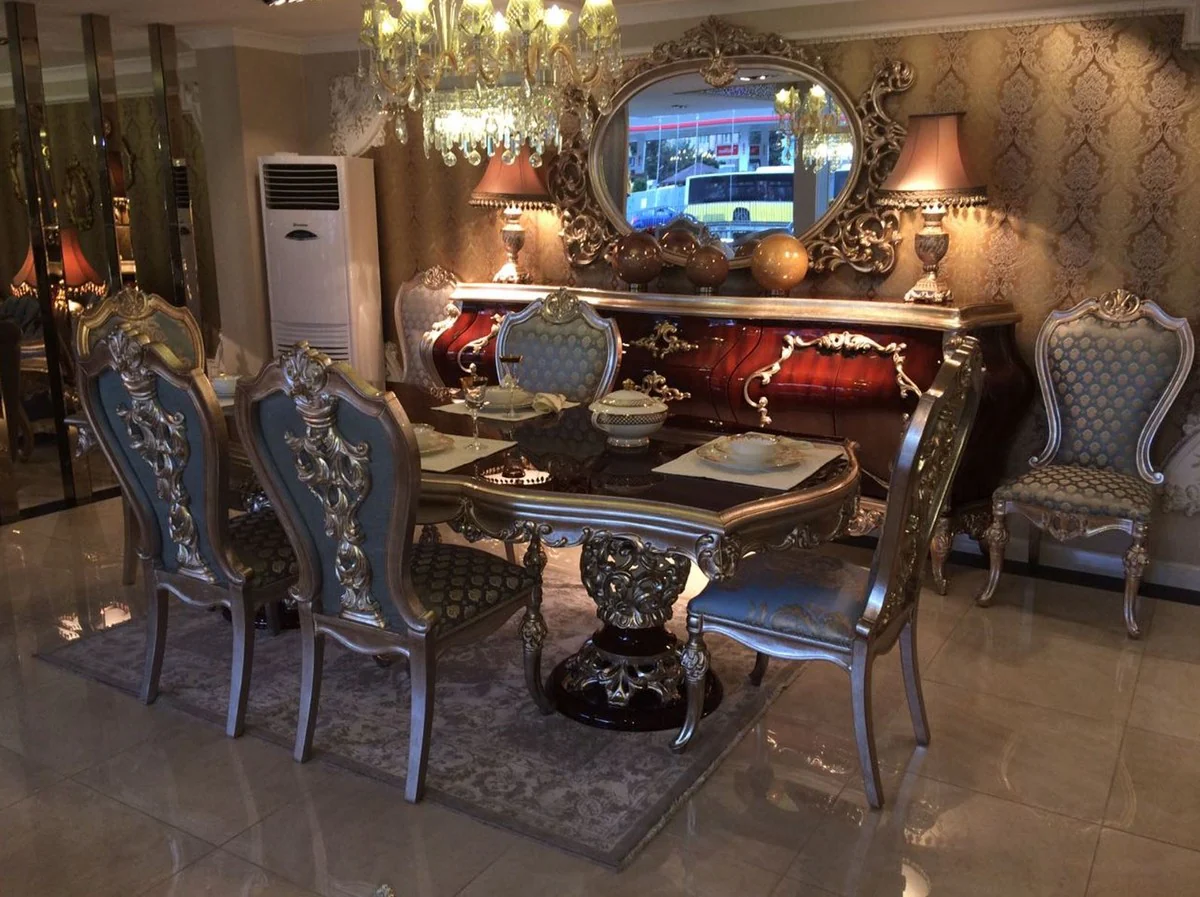 Luxus Barock Esstisch Dunkelbraun / Silber - Hochwertiger handgefertigter Massivholz Esszimmertisch im Barockstil - Barock Esszimmer Möbel - Edel & Prunkvoll