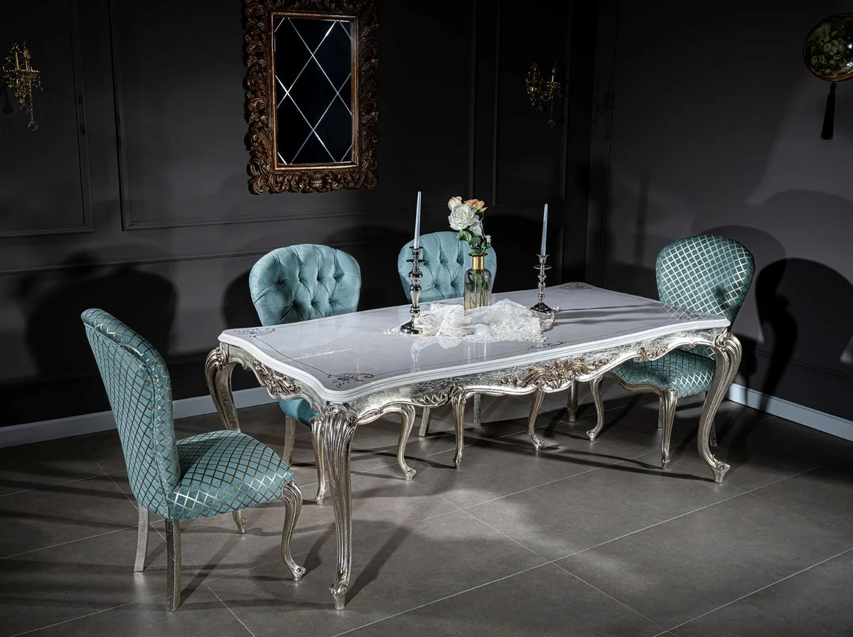 Luxus Barock Esstisch Weiß / Silber / Gold 207 x 112 x H. 82 cm - Massivholz Esszimmertisch - Edle Barock Esszimmer Möbel