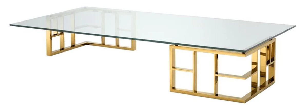 Luxus Couchtisch Gold 180 x 90 x H. 32,2 cm - Edelstahl Wohnzimmertisch mit Glasplatte - Designermöbel