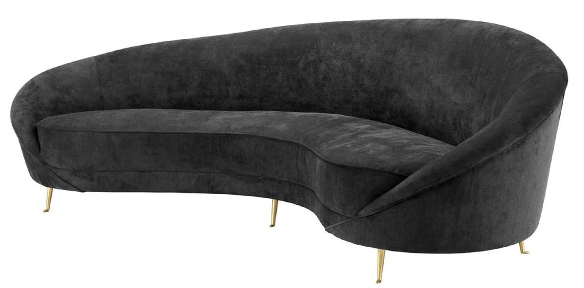 Designer Samt Sofa Schwarz / Messingfarben 245 x 87 x H. 79 cm - Gebogene Luxus Couch - Designer Wohnzimmer Möbel