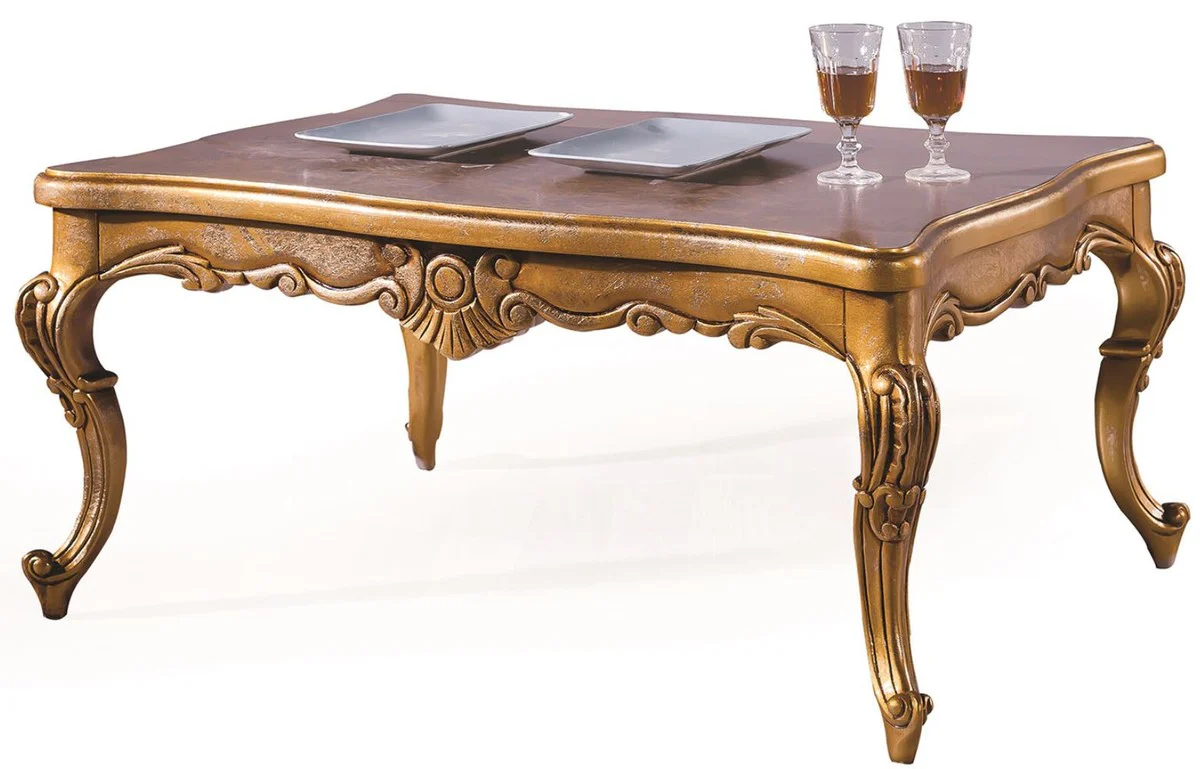 Luxus Barock Couchtisch Antik Gold 100 x 90 x H. 45 cm - Wohnzimmertisch mit Glasplatte - Barockstil Wohnzimmer Möbel