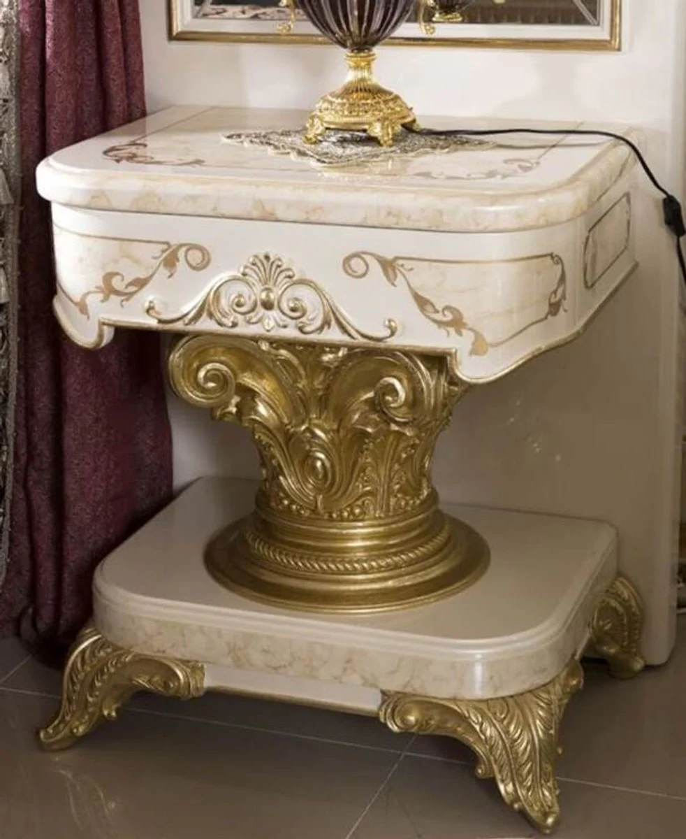 Luxus Barock Nachtkommode Weiß / Beige / Gold - Handgefertigter Barock Nachttisch mit Schublade - Barock Schlafzimmer Möbel