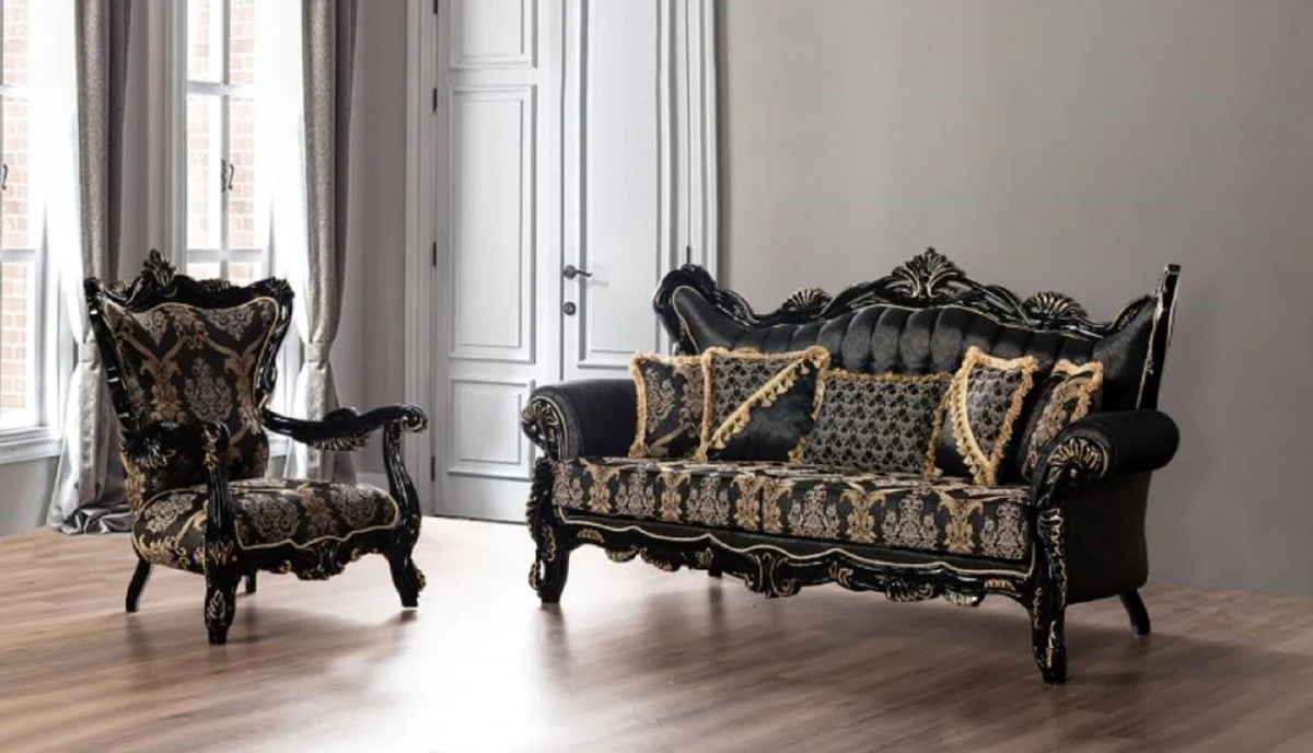 Luxus Barock Sofa Schwarz / Gold - Prunkvolles Wohnzimmer Sofa mit elegantem Muster - Barock Wohnzimmer Möbel