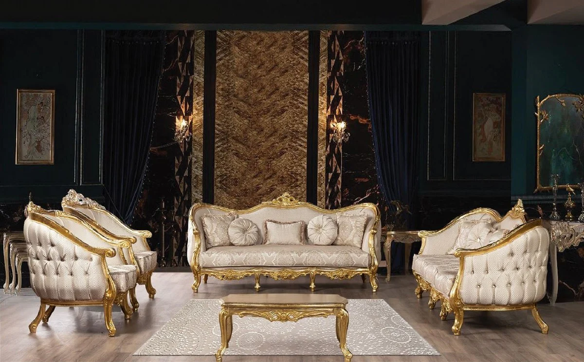 Luxus Barock Sofa Beige / Gold - Prunkvolles Wohnzimmer Sofa mit Muster - Prunkvolle Barock Wohnzimmer Möbel