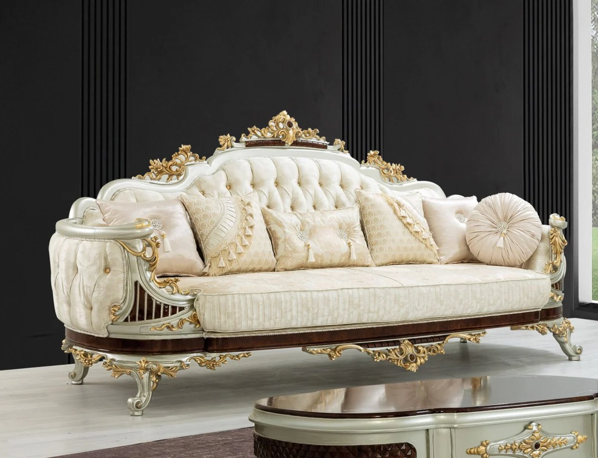 Luxus Barock Wohnzimmer Set Creme / Beige / Dunkelbraun / Silber / Gold - 2 Sofas & 2 Sessel & 1 Couchtisch - Wohnzimmermöbel im Barockstil - Edel & Prunkvoll