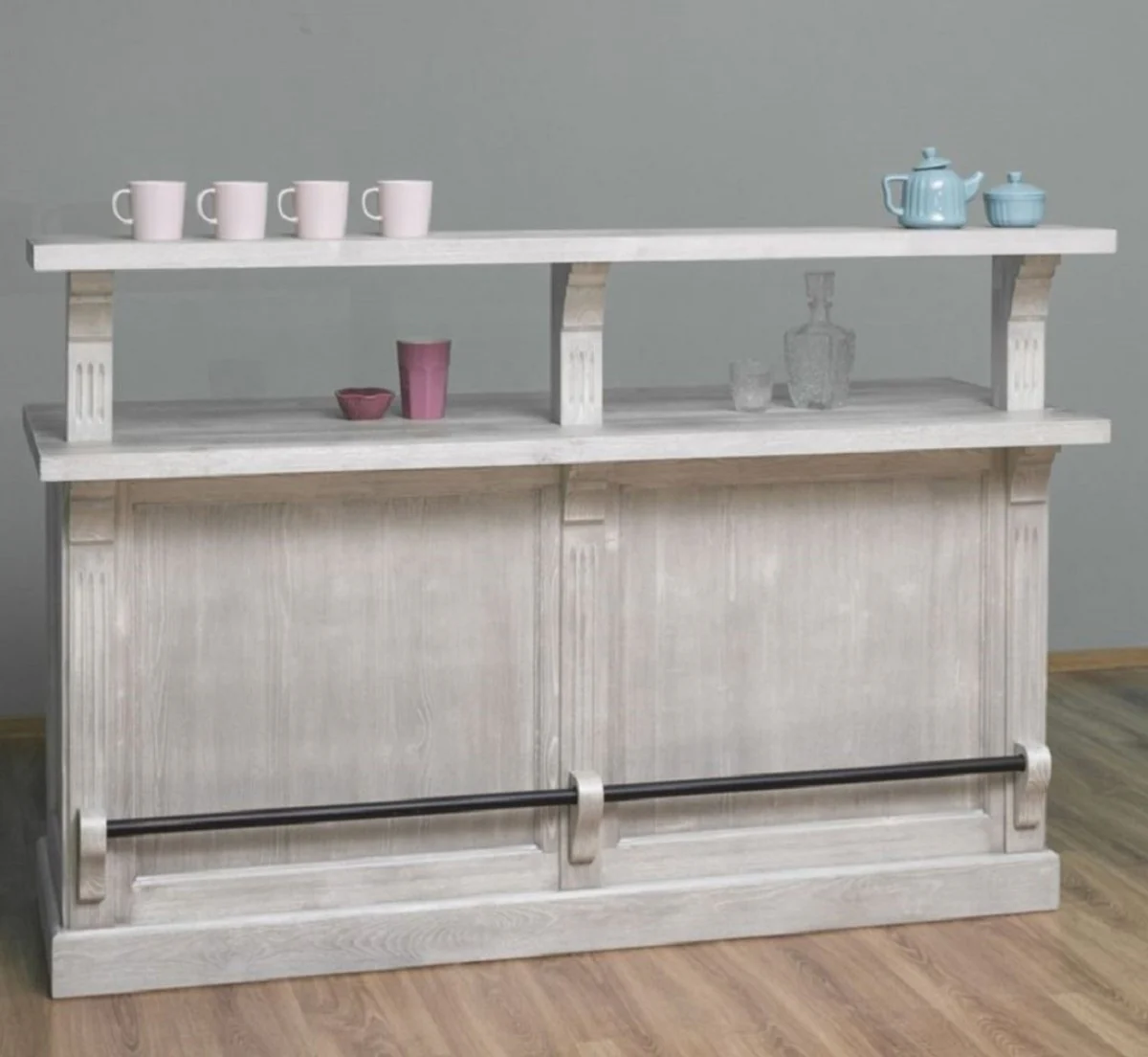 Landhausstil Bar Theke Grau 180 x 68 x H. 120 cm - Massivholz Thekentisch - Massivholz Barmöbel - Barmöbel im Landhausstil - Landhausstil Einrichtung