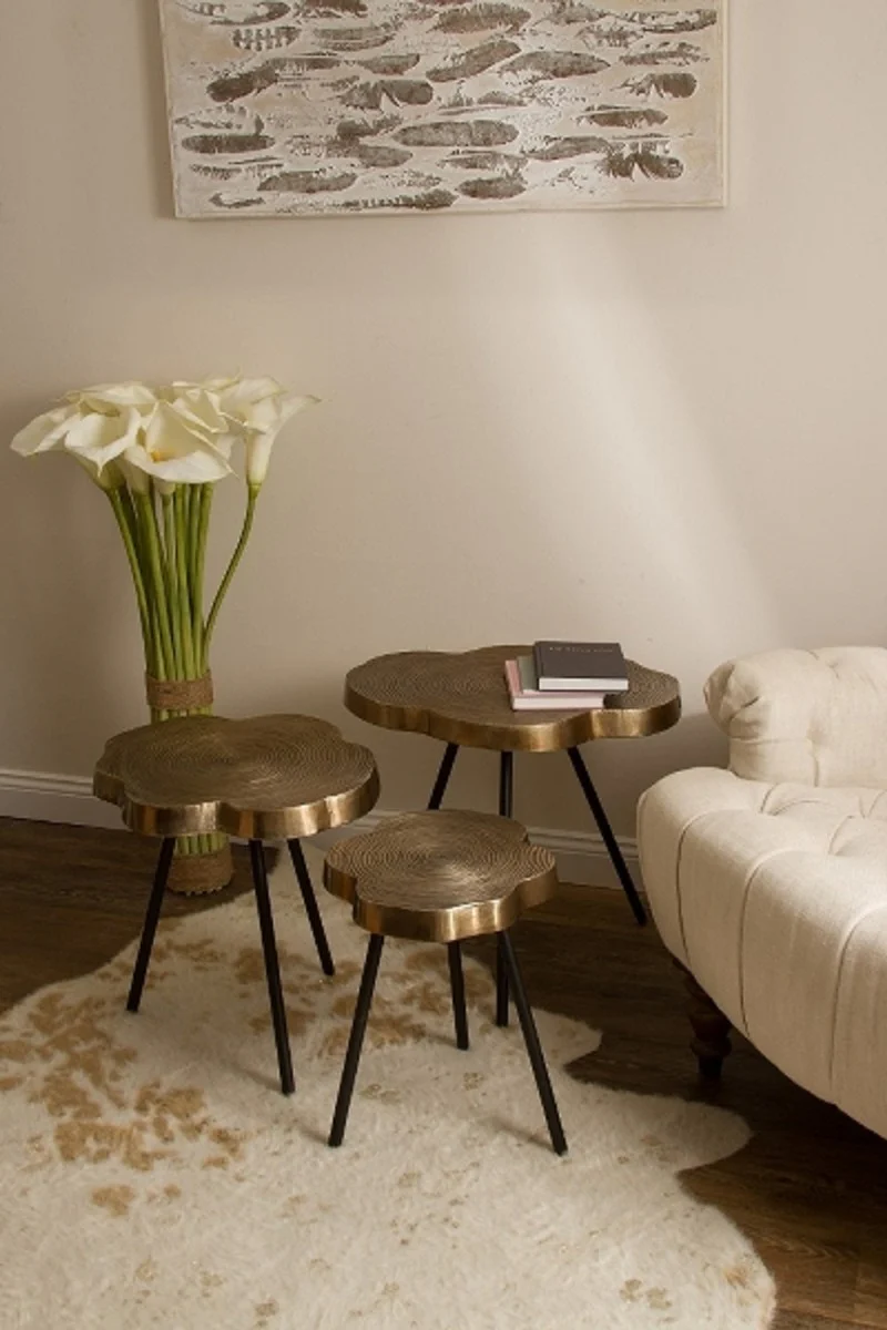 Luxus Beistelltisch Set Bronze / Schwarz 57 x 50 x H. 52 cm - Metall Beistelltische im Baumscheiben Design mit aufwendigem Jahresringmuster in den Tischplatten