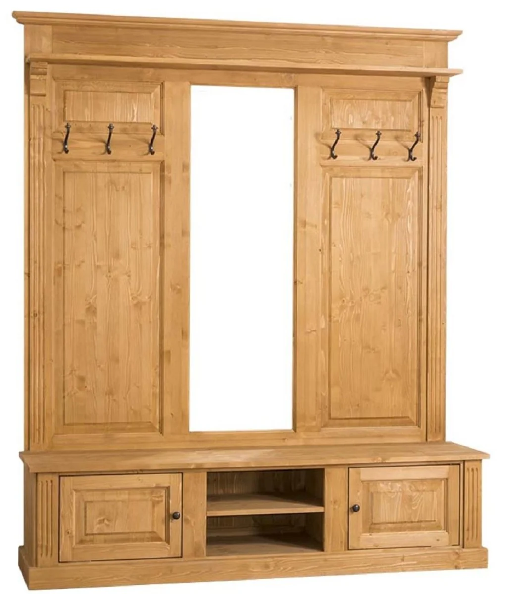 Landhausstil Garderobe Naturfarben 180 x 41 x H. 210 cm - Massivholz Garderobenschrank mit Spiegel - Landhausstil Garderobenmöbel