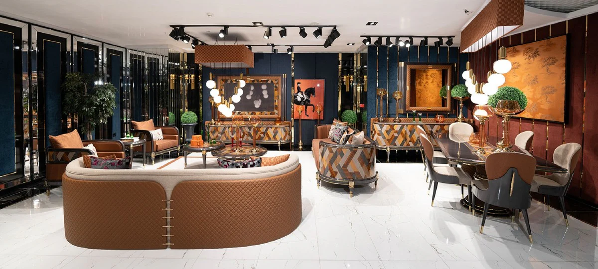 Luxus Art Deco Sofa Creme / Braun / Grau / Gold - Wohnzimmer Sofa - Wohnzimmer Möbel - Art Deco Möbel - Luxus Möbel