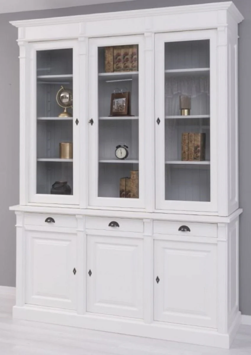 Landhausstil Bücherschrank Weiß / Grau 183 x 51 x H. 240 cm - Massivholz Schrank - Regalschrank - Wohnzimmerschrank - Büroschrank - Landhausstil Möbel
