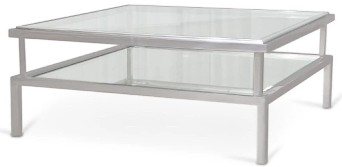 Luxus Couchtisch Silber 120 x 120 x H. 42 cm - Moderner Wohnzimmertisch mit gehärteten Glasplatten und Edelstahl Gestell - Wohnzimmer Möbel
