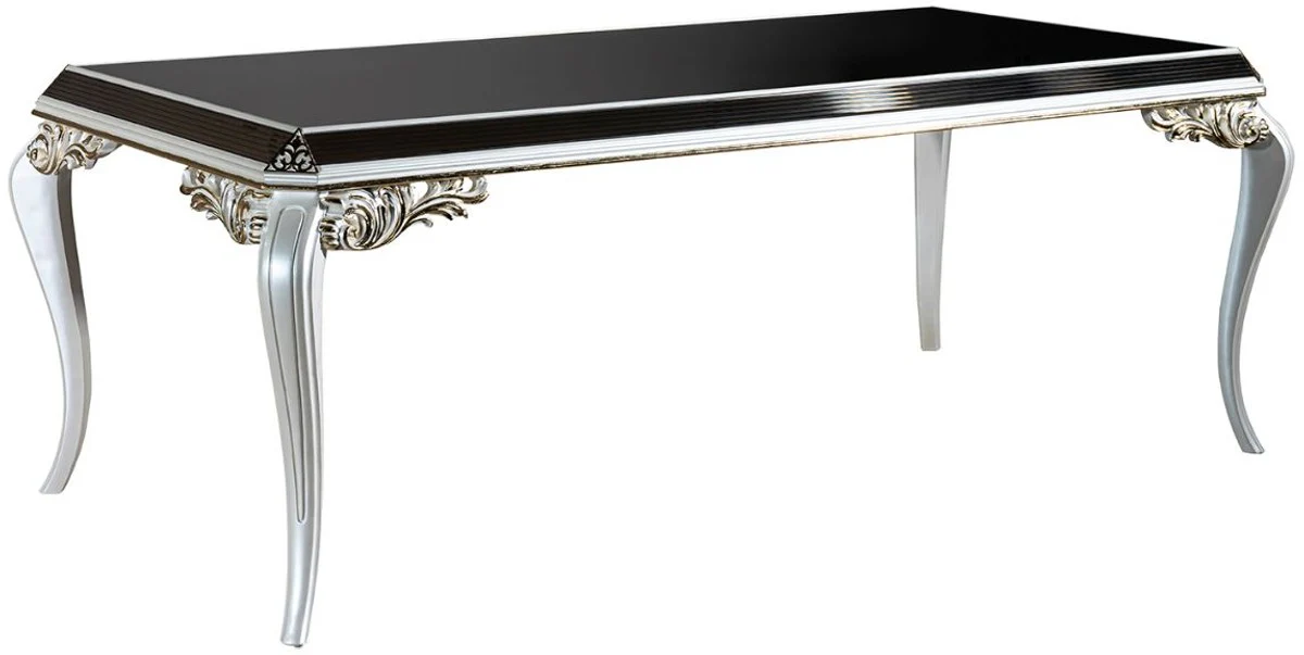 Luxus Barock Esstisch Weiß / Gold / Schwarz 207 x 104 x H. 78 cm - Massivholz Küchentisch mit Glasplatte - Edle Esszimmer Möbel im Barockstil