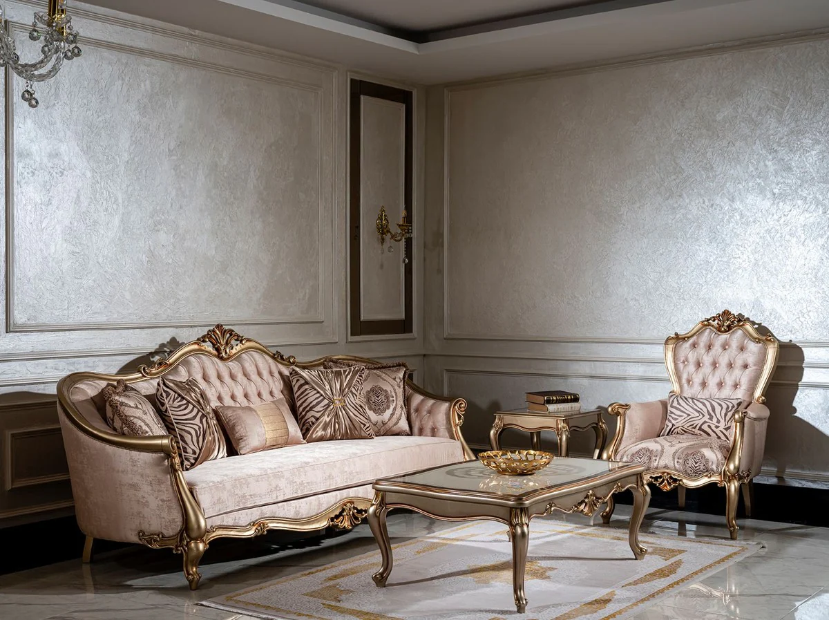 Luxus Barock Couchtisch Weiß / Silber / Gold - Handgefertigter Massivholz Wohnzimmertisch - Wohnzimmer Möbel im Barockstil