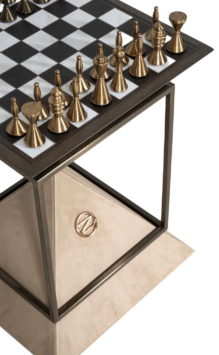 Luxus Schach Beistelltisch Dunkelbraun / Weiß / Beige / Bronze 50 x 50 x H. 70 cm - Wohnzimmer Beistelltisch - Hotel Tisch - Wohnzimmer Möbel - Hotel Möbel - Luxus Qualität
