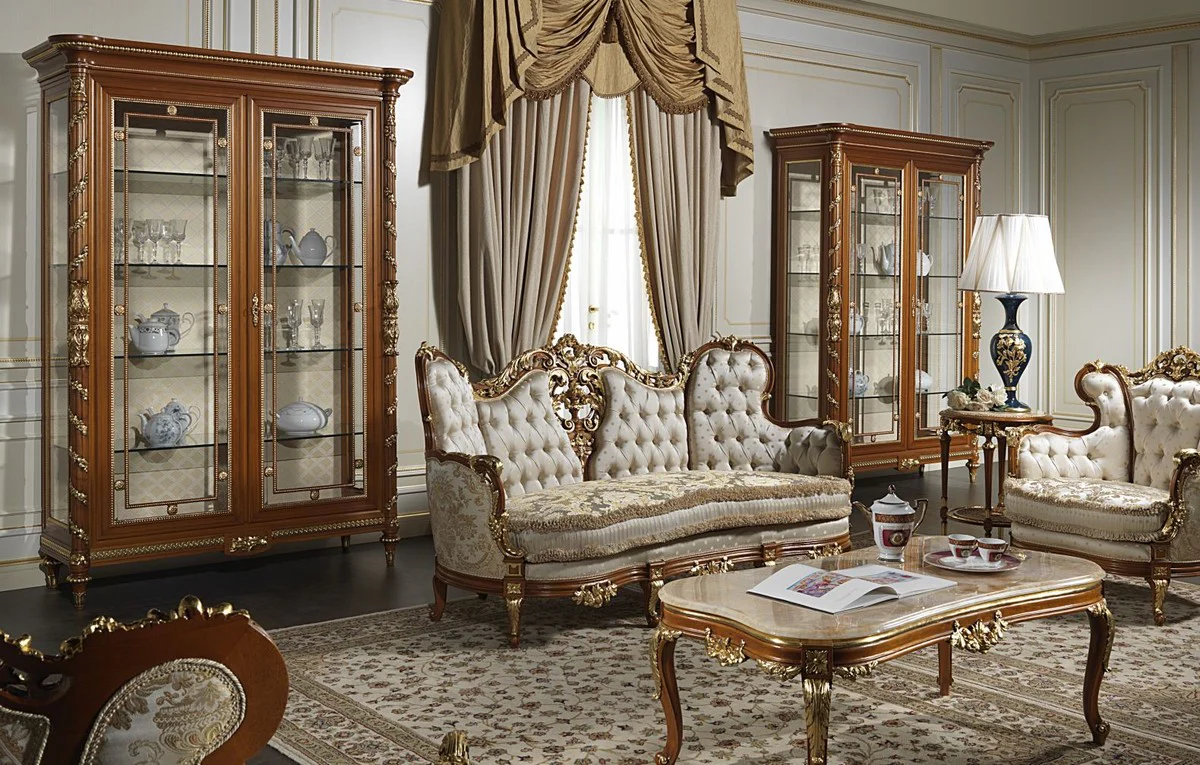 Luxus Barock Sofa Creme / Silber / Braun / Gold - Edles handgefertigtes Wohnzimmer Sofa mit elegantem Muster - Hotel Möbel - Schloss Möbel - Luxus Qualität - Made in Italy