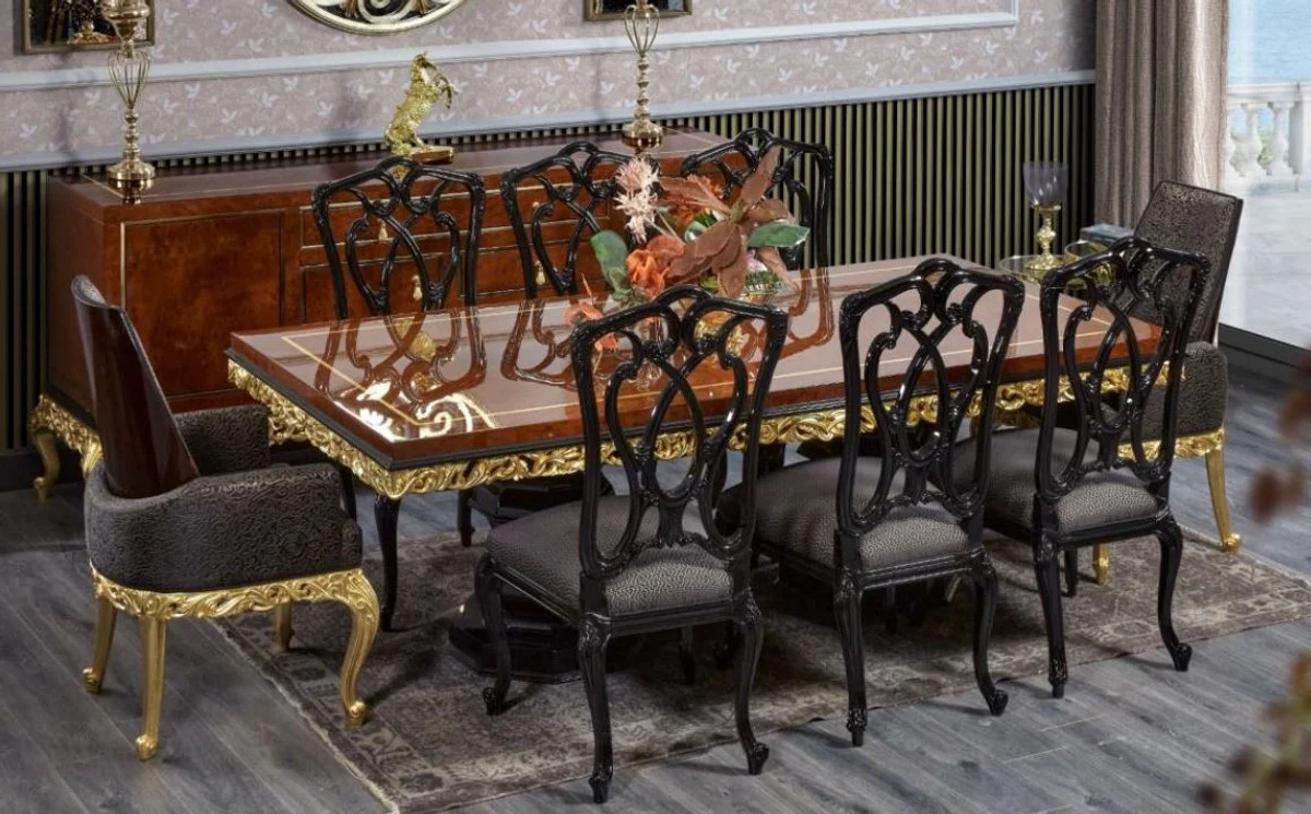 Luxus Barock Esszimmer Set Braun / Schwarz / Gold - 1 Barock Esstisch & 8 Barock Esszimmerstühle - Luxus Esszimmer Möbel im Barockstil - Barock Möbel - Edel & Prunkvoll