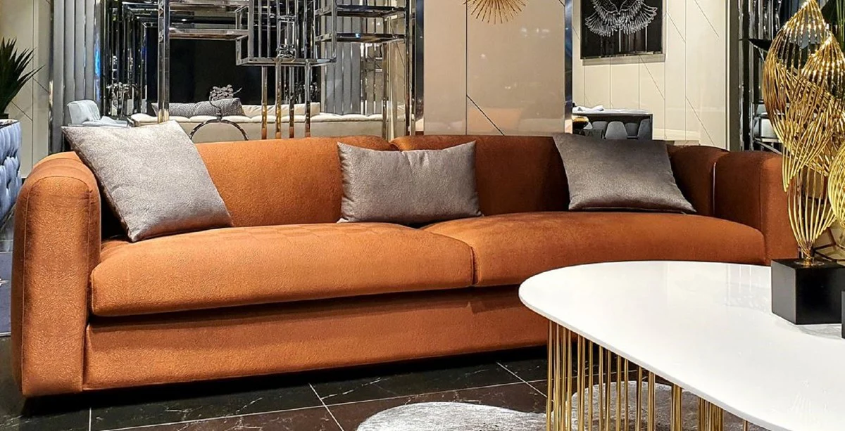 Luxus Sofa Orange / Gold 240 x 95 x H. 85 cm - Wohnzimmer Sofa - Hotel Sofa - Luxus Möbel