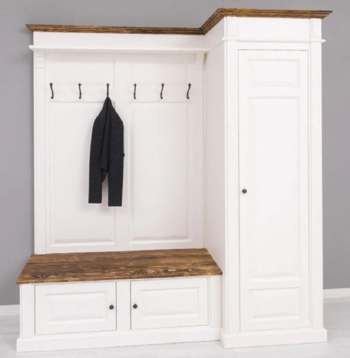 Landhausstil Garderobenschrank Weiß / Braun 205 x 65 x H. 210 cm - Massivholz Garderobe - Flur Schrank - Garderoben Möbel - Massivholz Möbel - Landhausstil Möbel