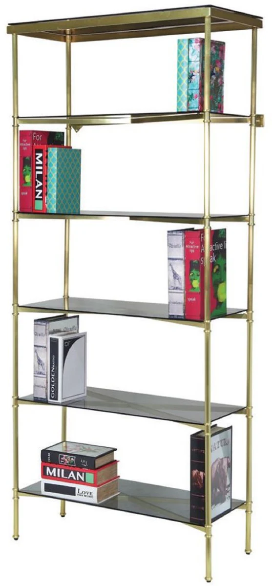 Luxus Metall Regalschrank mit Glasregalen Gold / Grau 118 x 42 x H. 216 cm - Bücherschrank - Wohnzimmer Schrank - Büro Schrank - Wohnzimmer Möbel - Büro Möbel - Luxus Möbel