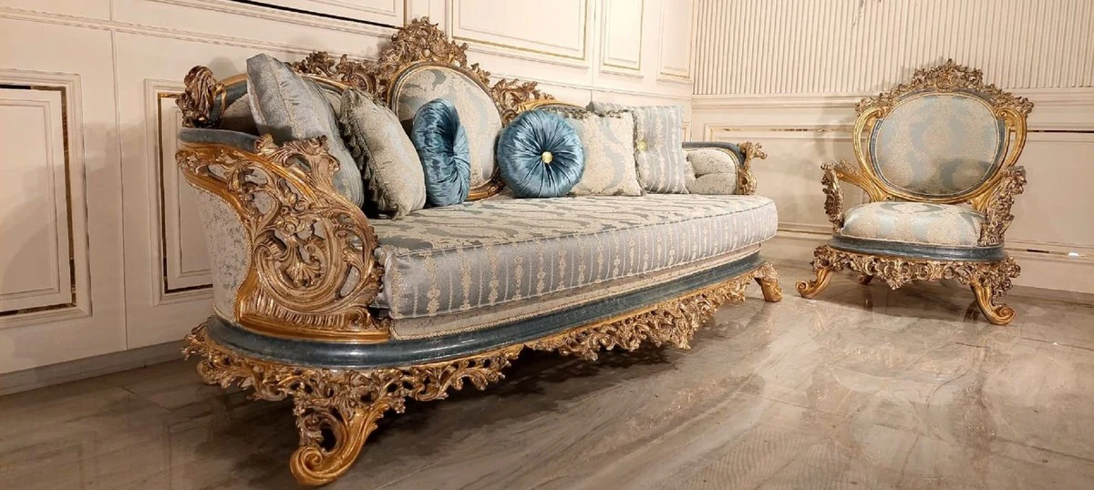 Luxus Barock Wohnzimmer Sofa Türkis / Creme / Gold - Handgefertigtes Barockstil Sofa - Luxus Wohnzimmer Möbel im Barockstil - Barock Möbel - Edel & Prunkvoll