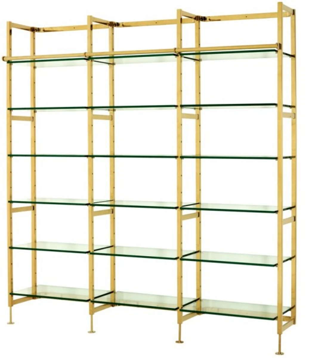 Luxus Regal Schrank Edelstahl Gold mit Glasböden B 223 x H 245 cm Bücherregal Regal Schrank - Art Deco Möbel
