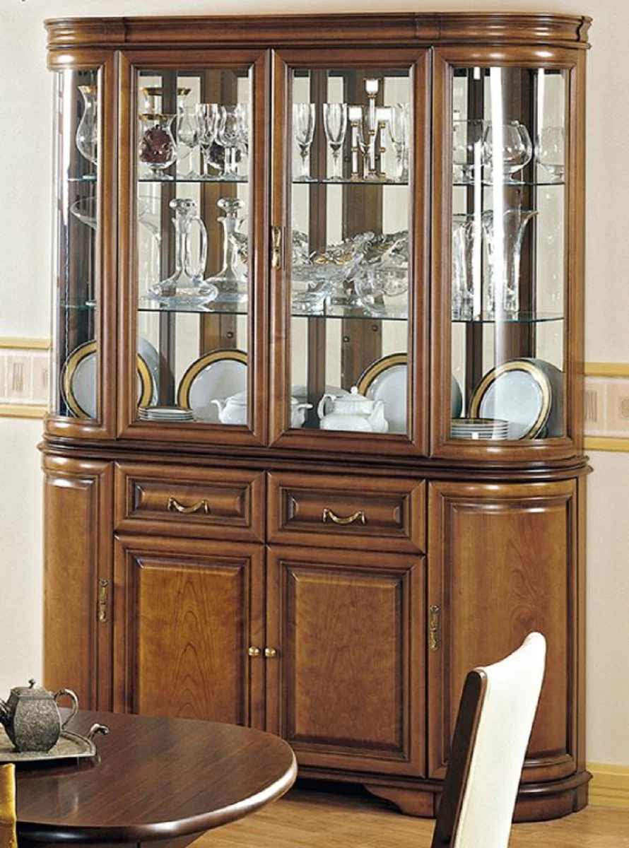 Luxus Esszimmerschrank Braun 159,5 x 42 x H. 212,5 cm - Massivholz Küchenschrank - 2 Teiliger Vitrinenschrank - Luxus Massivholz Esszimmer Möbel