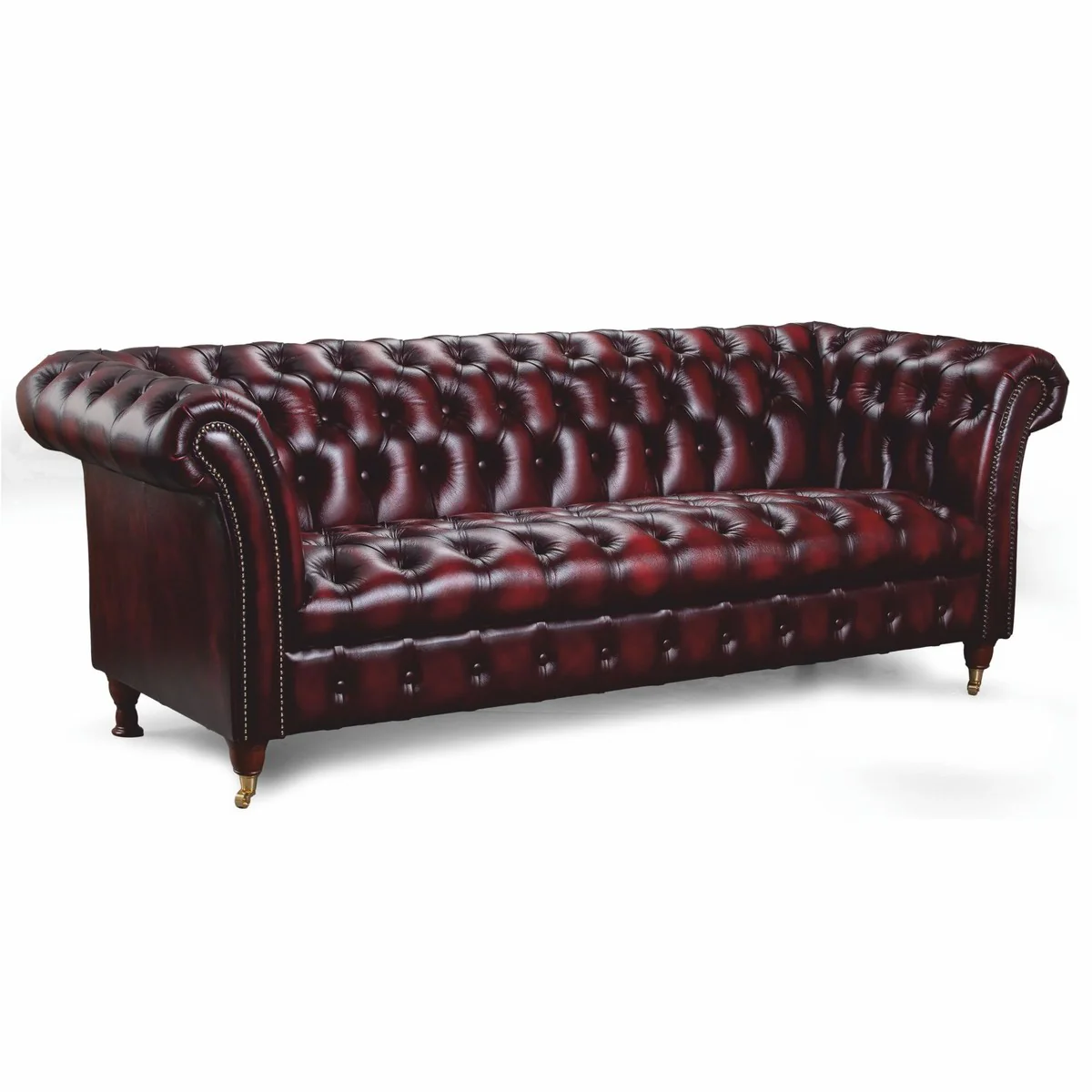 Luxus Chesterfield Leder 2er Sofa Dunkelweinrot / Messing 200 cm - Echtleder Möbel