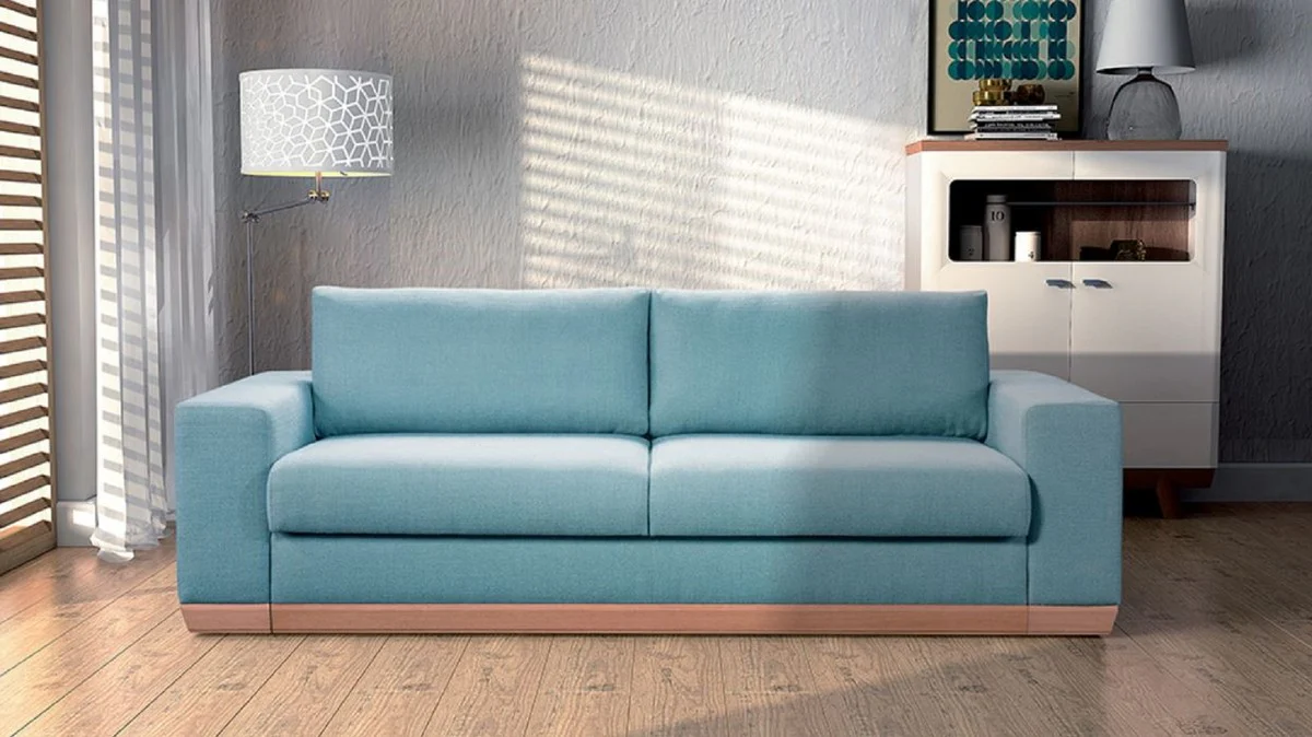Schlafsofa Hellblau / Naturfarben 240 x 100 x H. 80 cm - Modernes Wohnzimmer Sofa - Wohnzimmer Möbel