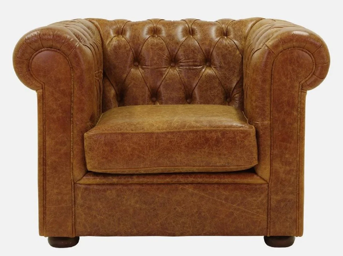 Luxus Chesterfield Leder Sessel Vintage Braun / Dunkelbraun 105 x 95 x H. 80 cm - Chesterfield Echtleder Wohnzimmer Sessel - Chesterfield Möbel - Echtleder Möbel - Luxus Möbel