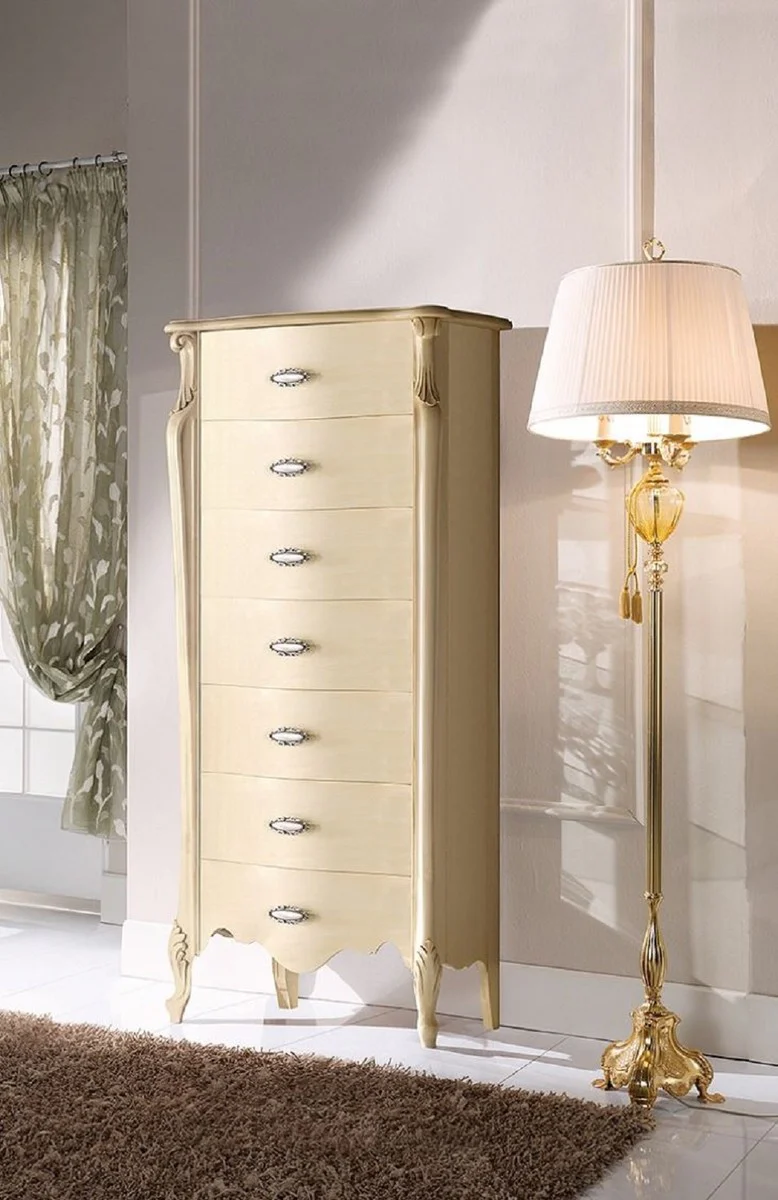 Luxus Barock Kommode Creme / Silber - Handgefertigte Barockstil Massivholz Kommode mit 7 Schubladen - Handgefertigte italienische Barock Möbel - Made in Italy - Luxus Qualität