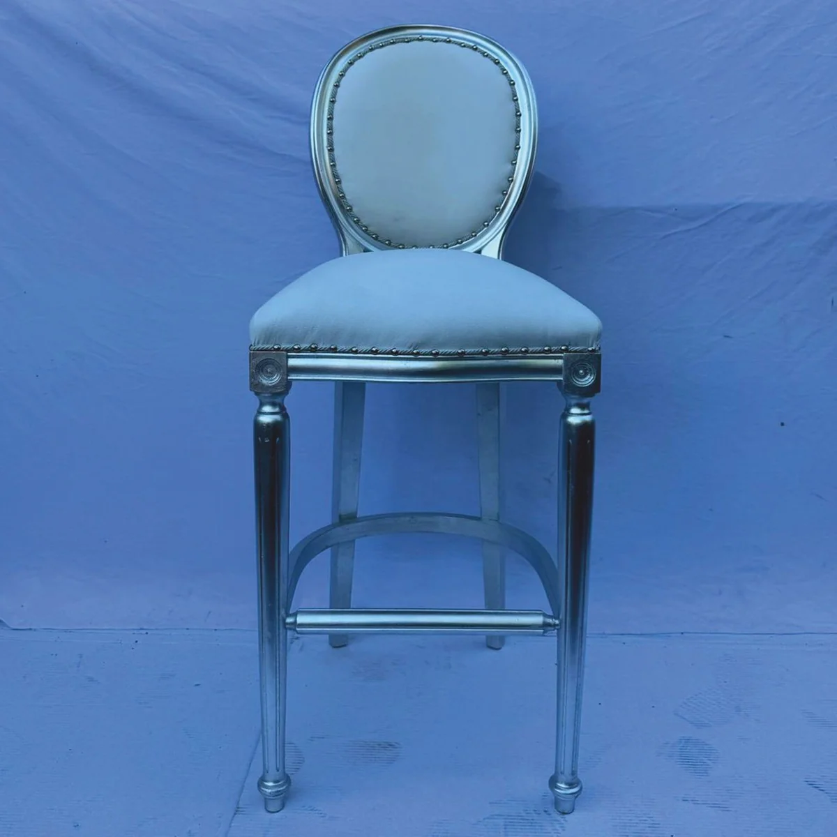 Barock Kunstleder Barstuhl Weiß / Silber - Barock Bar Möbel