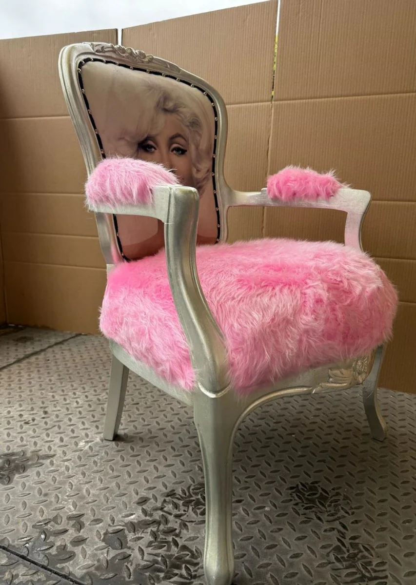 Luxus Barock Salon Stuhl mit Armlehnen Rosa / Silber - Barock Möbel