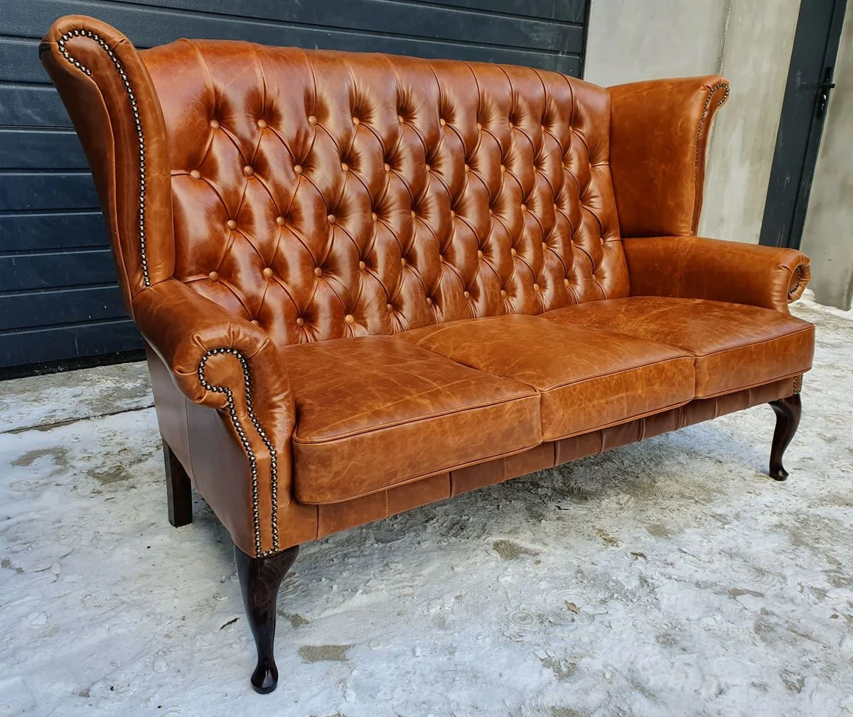 Luxus Chesterfield Echtleder Hochlehn Ohrensofa Vintage Braun / Dunkelbraun 183 cm - Echtleder Möbel