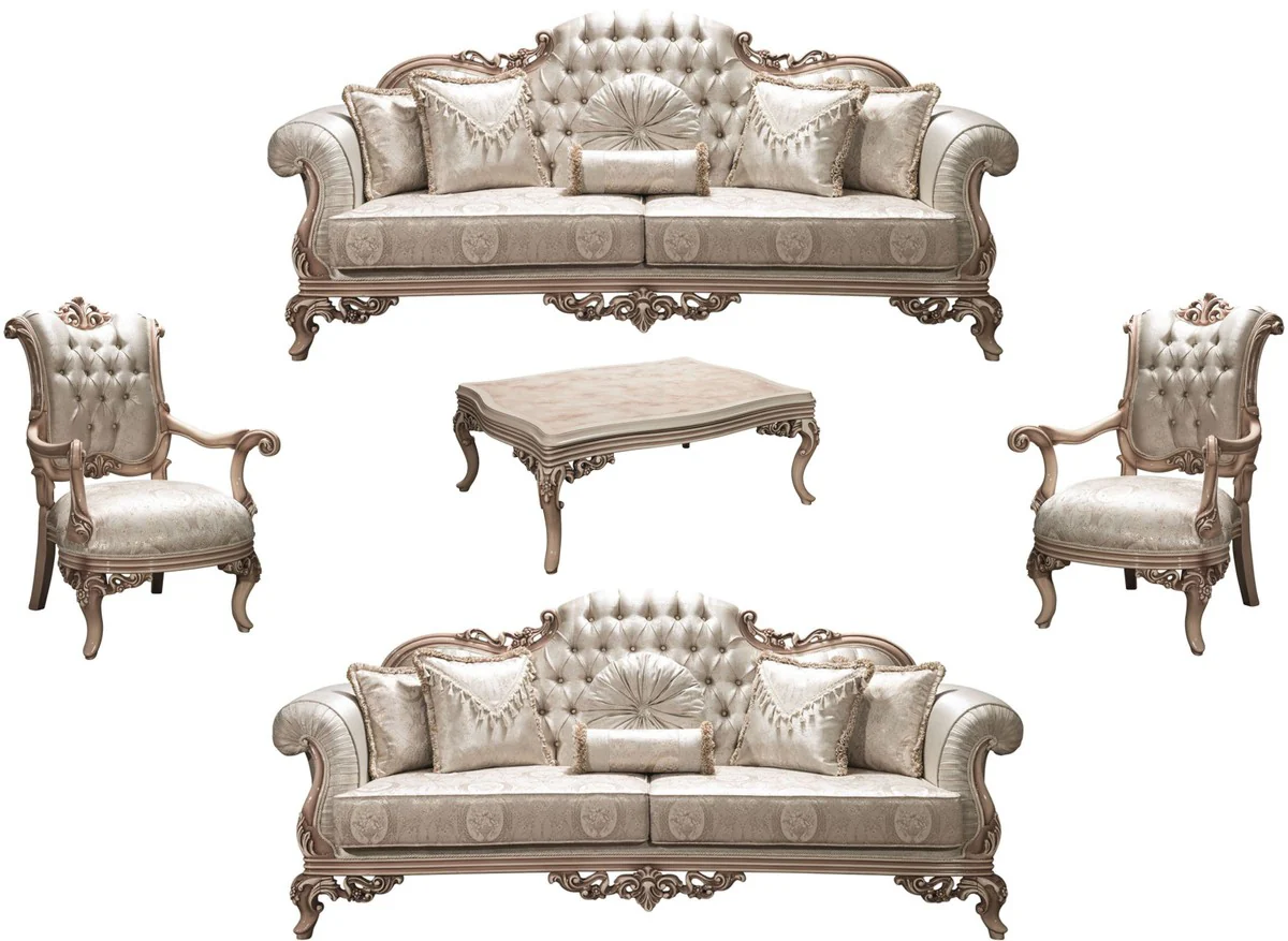 Luxus Barock Wohnzimmer Set Silber / Creme / Beige - 2 Sofas & 2 Sessel & 1 Couchtisch - Prunkvolle Wohnzimmermöbel im Barockstil
