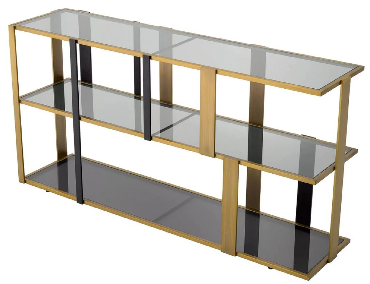 Luxus Regalschrank Messing / Schwarz / Grau 178 x 44 x H. 89,5 cm - Rechteckiger Wohnzimmer Schrank - Büro Schrank - Wohnzimmer Möbel - Büro Möbel - Luxus Möbel