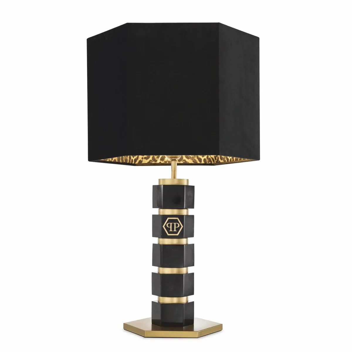 Philipp Plein Luxus Marmor Tischleuchte H. 76 cm Schwarz / Messing / Leopard - Luxus Qualität