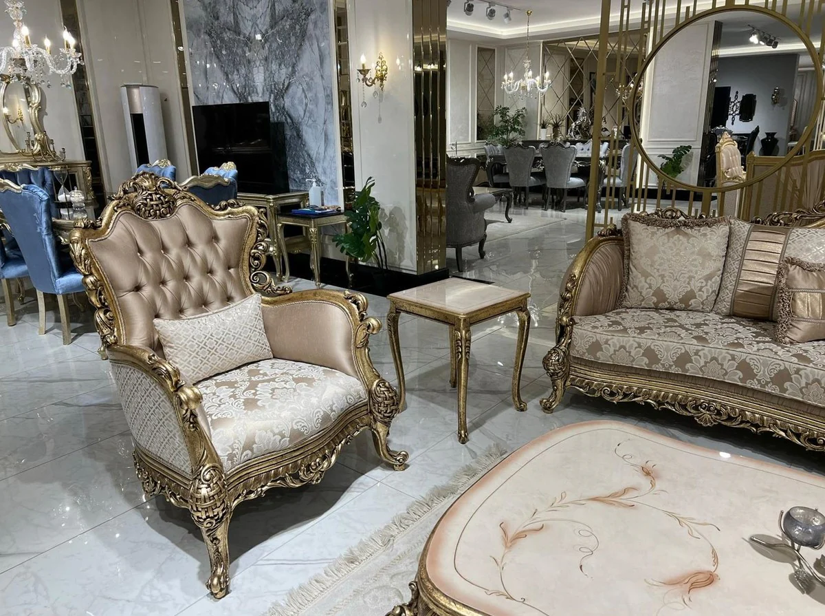 Luxus Barock Couchtisch Cremefarben / Beige / Gold - Handgefertigter Massivholz Wohnzimmertisch im Barockstil - Prunkvolle Barock Wohnzimmer Möbel