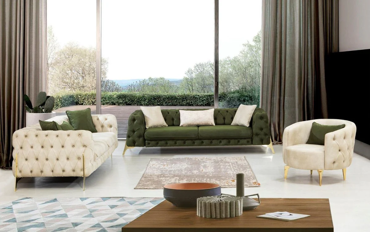 Luxus Chesterfield Schlafsofa Dunkelgrün / Gold 250 x 95 x H. 72 cm - Modernes Wohnzimmer Sofa - Chesterfield Wohnzimmer Möbel