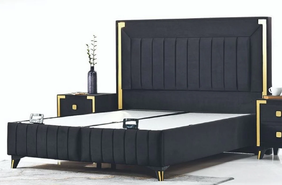 Luxus Doppelbett Schwarz / Gelbgold - Modernes Massivholz Bett - Moderne Schlafzimmer & Hotel Möbel - Luxus Kollektion