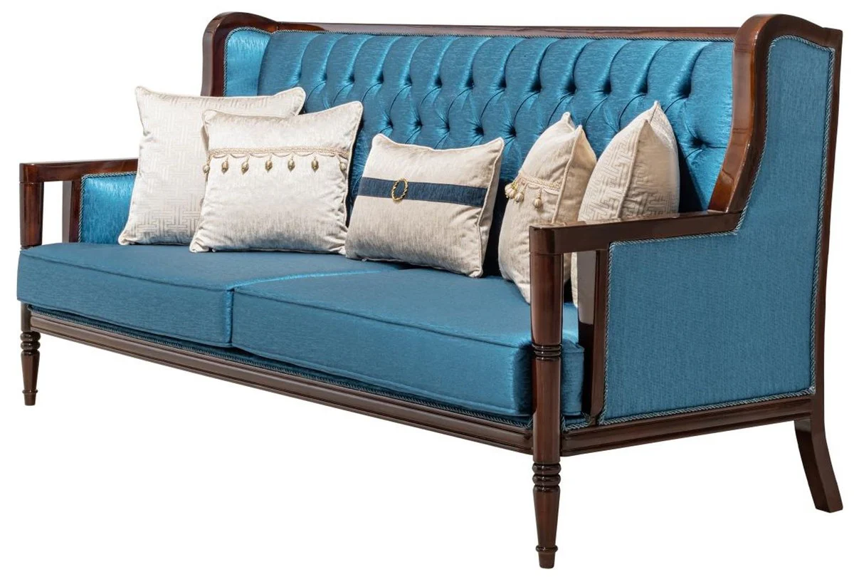Luxus Barock Sofa Blau / Dunkelbraun 230 cm