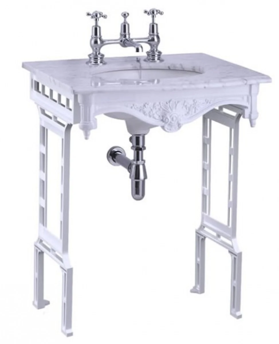 Luxus Jugendstil Stand Waschtisch Weiß / Weiß mit Marmorplatte - Barock Waschbecken Barockstil Antik Stil