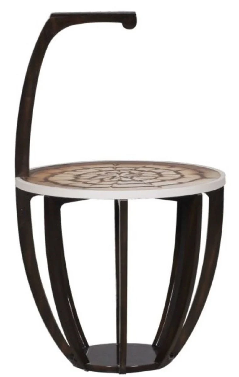 Luxus Beistelltisch Dunkelbraun / Weiß / Braun Ø 50 x H. 88 cm - Kleiner Getränke Tisch mit Tragegriff