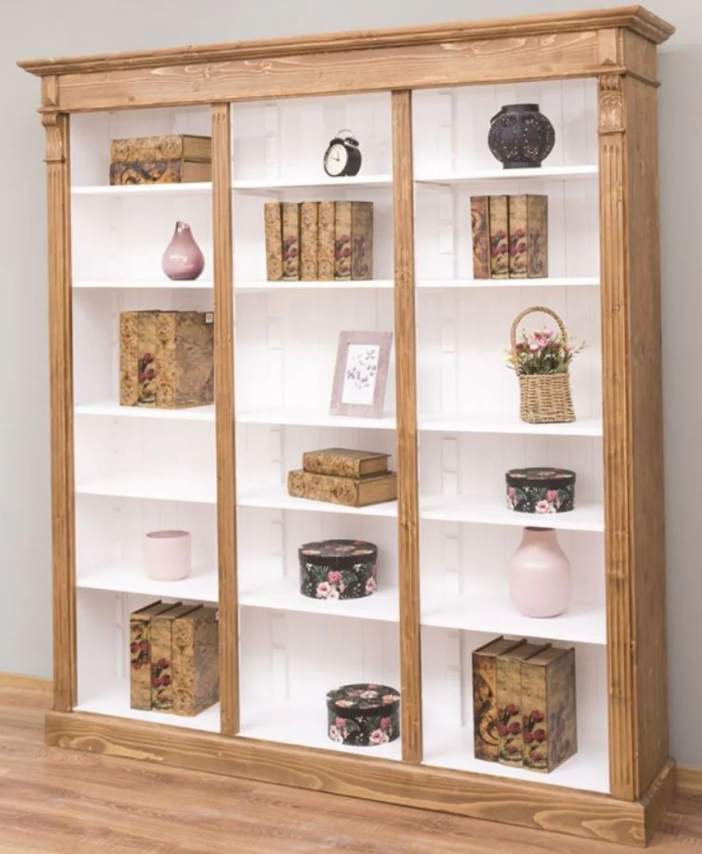 Landhausstil Regalschrank Hellbraun / Weiß 180 x 39 x H. 197 cm - Massivholz Schrank - Bücherschrank - Wohnzimmerschrank - Büroschrank - Landhausstil Möbel