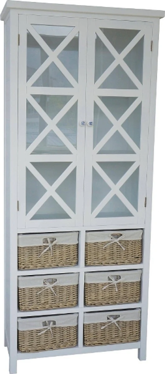 Landhausstil Vitrine Weiß / Naturfarben 86 x 38 x H. 204 cm - Handgefertigter Vitrinenschrank im Landhausstil
