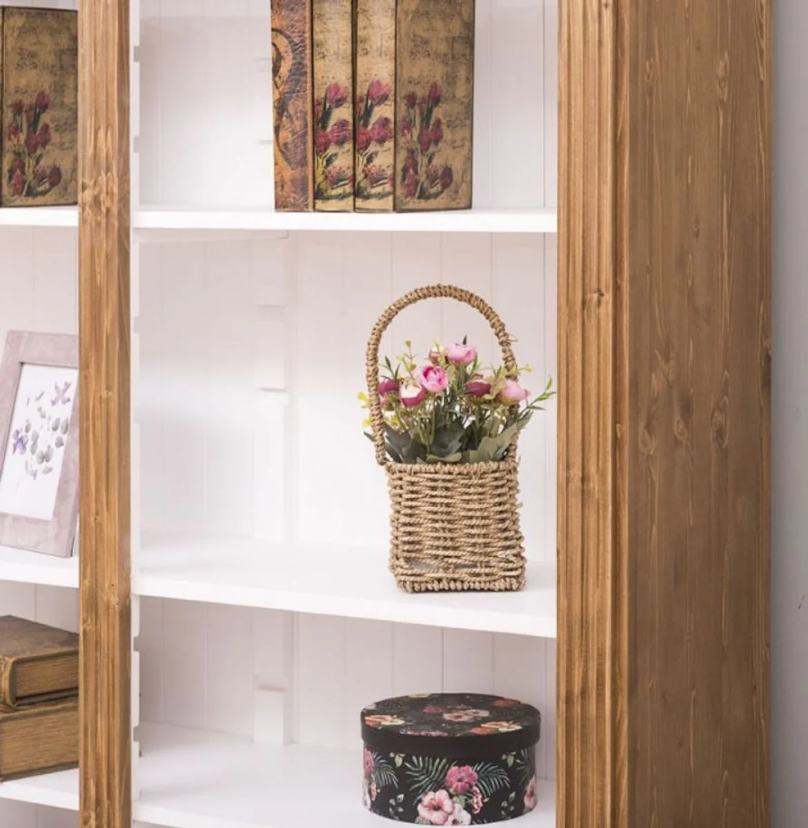 Landhausstil Regalschrank Hellbraun / Weiß 180 x 39 x H. 197 cm - Massivholz Schrank - Bücherschrank - Wohnzimmerschrank - Büroschrank - Landhausstil Möbel