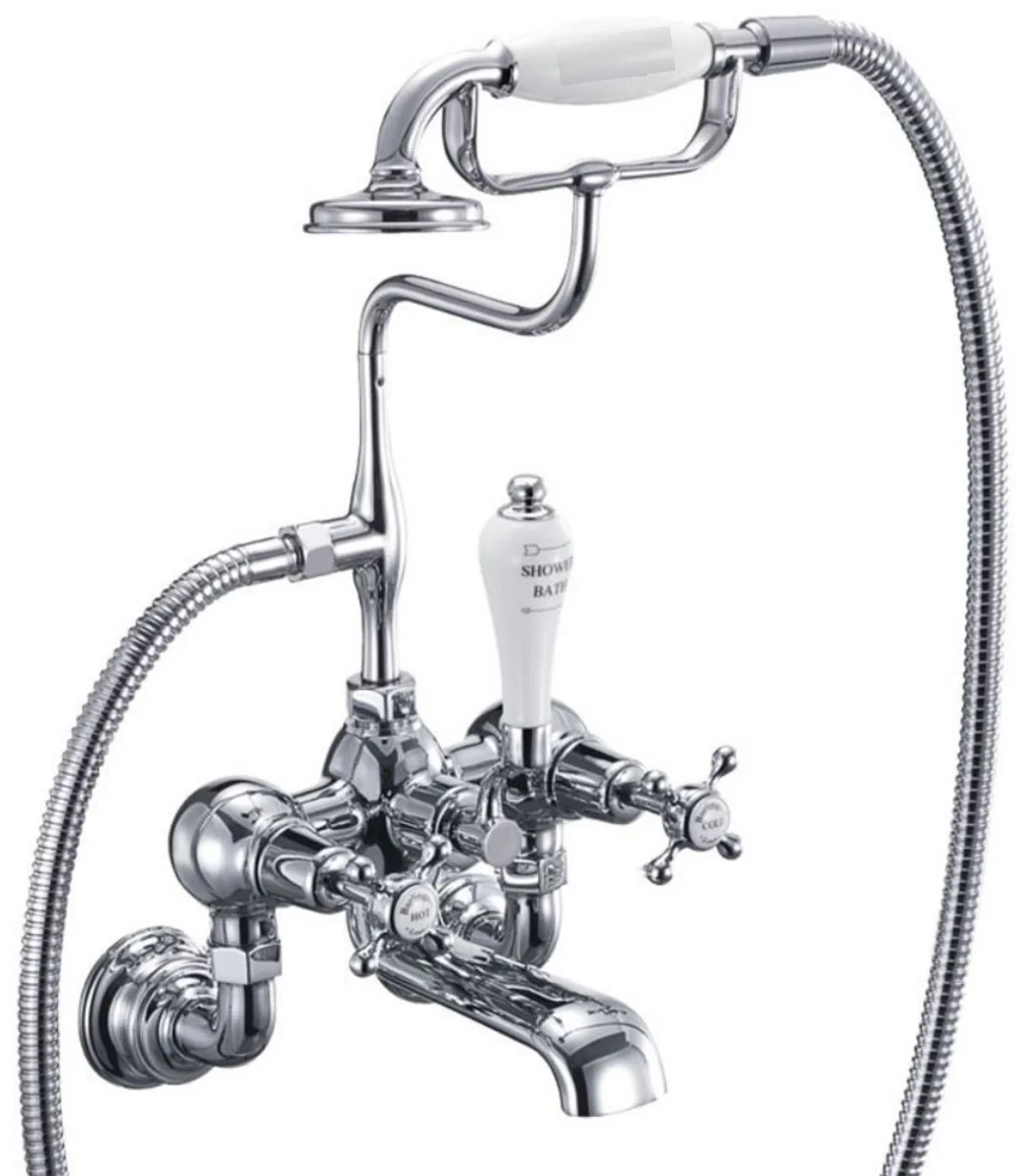 Luxus Jugendstil Aufputz Badewannenarmatur Silber / Weiß H. 46,95 cm - Nostalgische Messing Badewannen Armatur mit Handbrause - Nostalgisches Badezimmer Zubehör