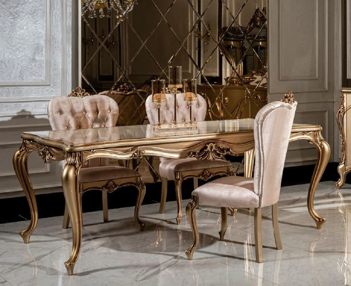 Luxus Barock Esszimmer Set Weiß / Rosa / Gold - 1 Esstisch & 6 Esszimmerstühle - Edle Esszimmer Möbel im Barockstil