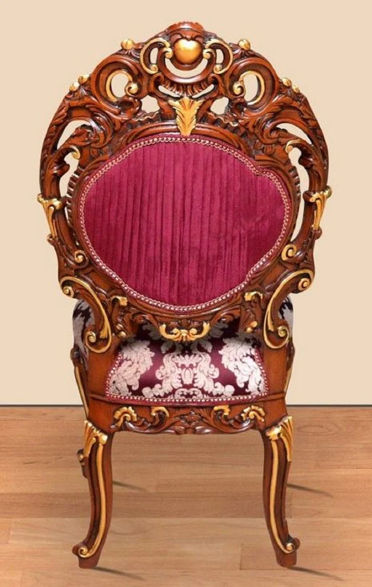 Barock Esszimmerstuhl Bordeauxrot / Cremefarben / Braun / Gold 60 x 50 x H. 120 cm - Prunkvoller Massivholz Küchenstuhl mit edlem Muster - Barock Esszimmer Möbel